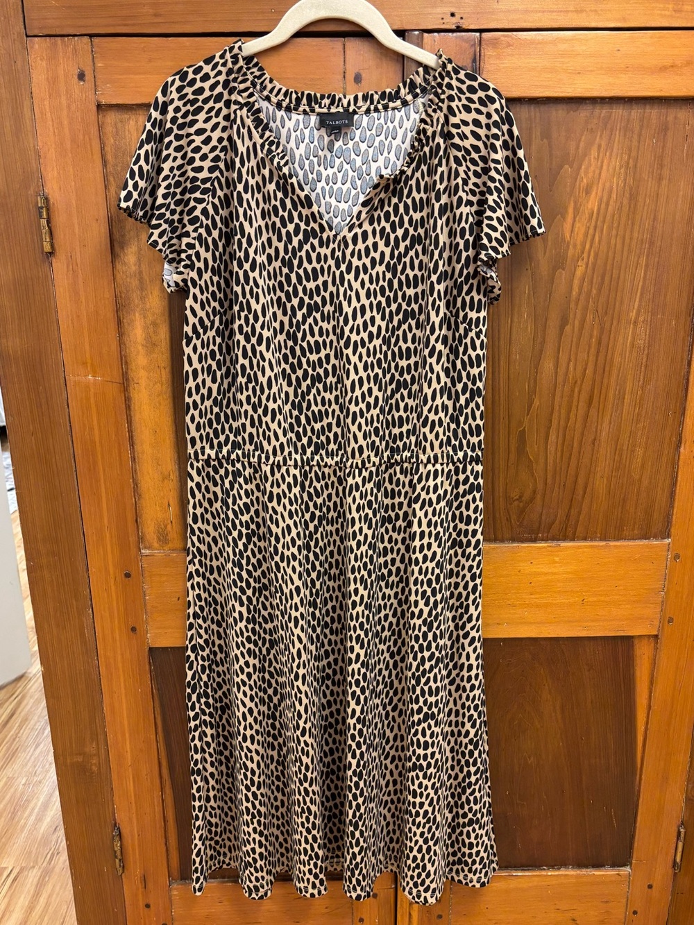 Talbots Beige and Black Printed V-Neck Midi Dress